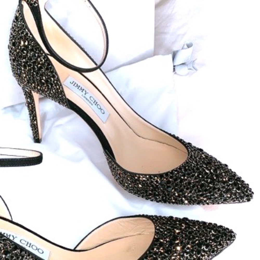 Jimmy Choo Lucy 100 Black Suede Pointy Toe Pumps With Halo Crystals US8.…